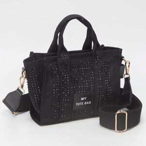 Black Rhinestone Mini Tote Crossbody Bag | Sparkly Canvas Zip Purse NEW